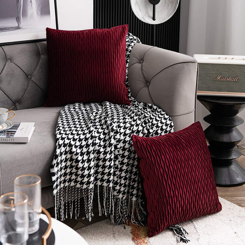 DEZENE Burgundy Throw Pillow Covers: 2 Pack 20x20 Inch Original Striped Velvet Square Decorative Pillow Cases for Farmhouse Couch - Image 4